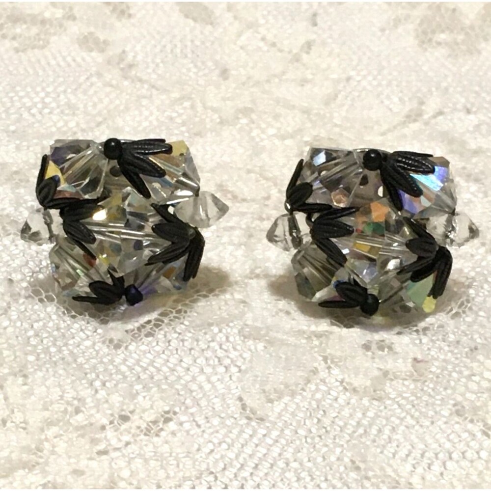 Vintage Crystal Japanned Clip On Earrings Clear AB Mid Century